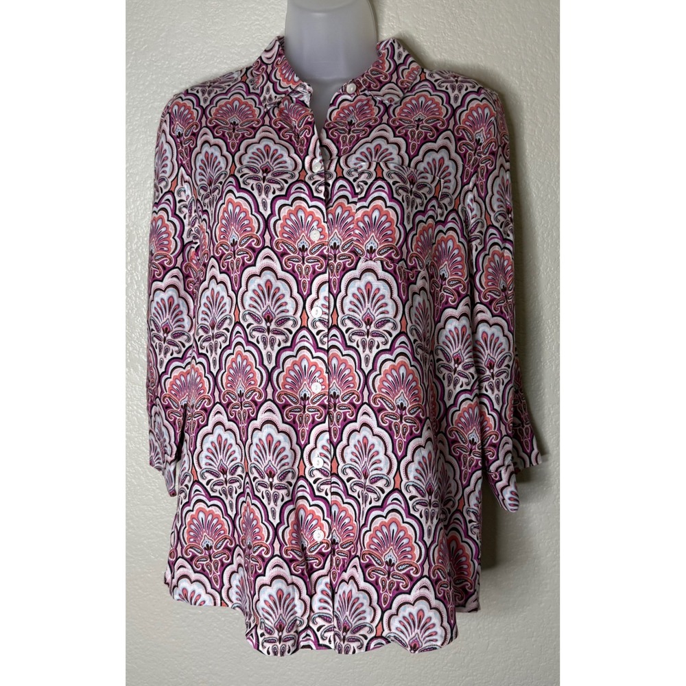 Chicos 0 US Small Button Down Shirt Pink Medallion No Iron 100% Linen 3/4 Sleeve